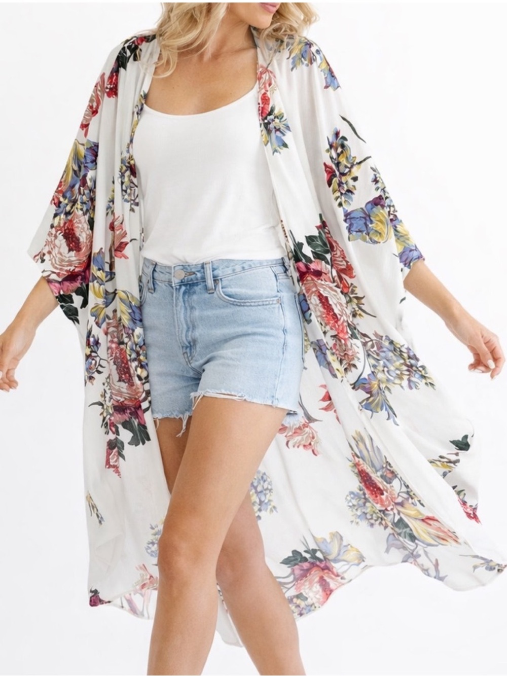 Umgee Boho Women's Floral Print Short Sleeve Kimono Small/Medium Vacation Beach